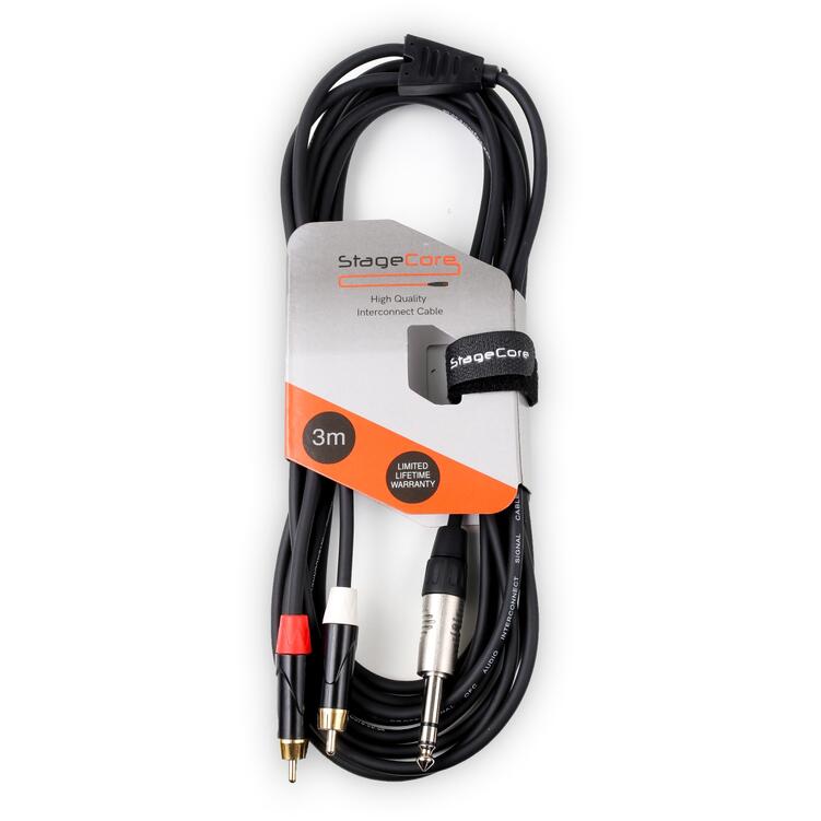 StageCore 6.35mm Stereo Jack Plug - 2x Male RCA Phono Plugs, Professional Audio Signal Cable BLACK - (90336)
