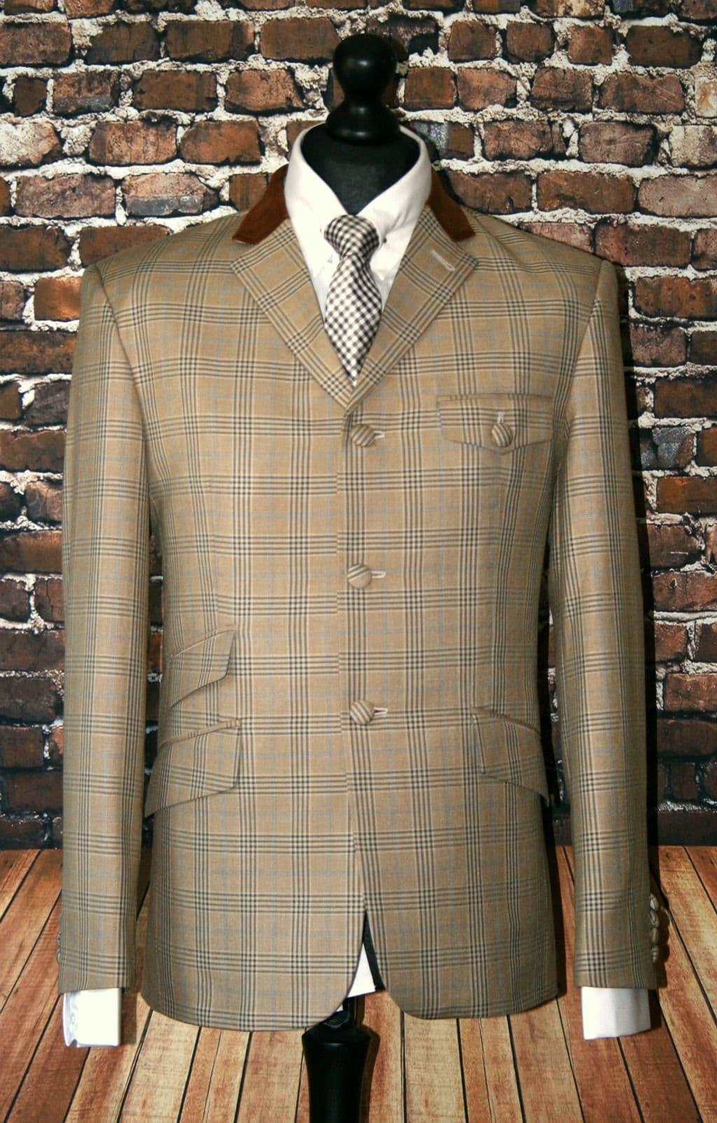 'Ralph' Beige Pow Check Jacket With Brown Velvet Collar