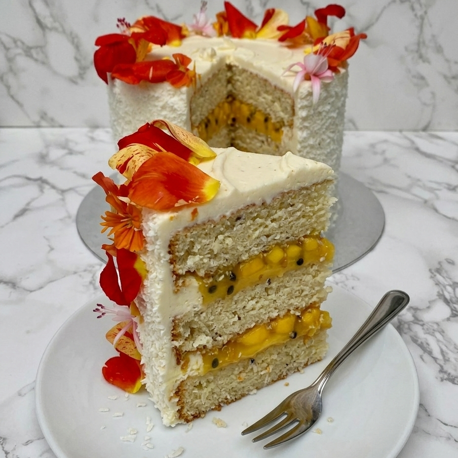 Tropical cake slice on plate, coconut and mango