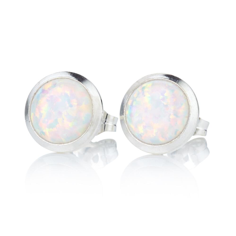 Fire Opal Stud White Gold Earrings Fine Earrings Tiny Fire Opal Stud Earrings In Sterling Silver | White, Green & Blue Opal Accents - Hallmarked 925 Fire Opal Fine Earrings
