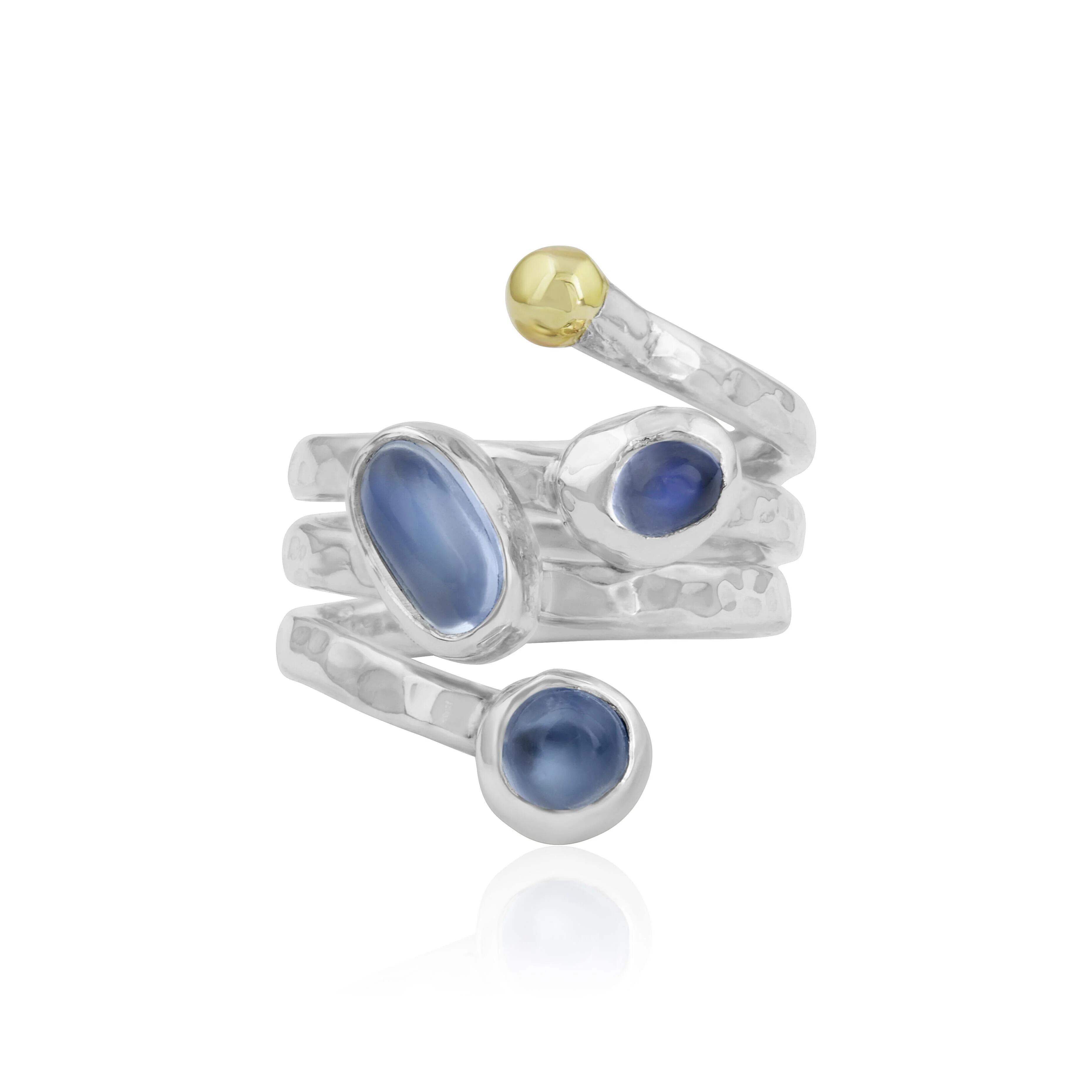 Handmade sterling silver coil ring with blue Ceylon moonstones and 9ct gold bead by Lavan Designer Jewellery, UK.