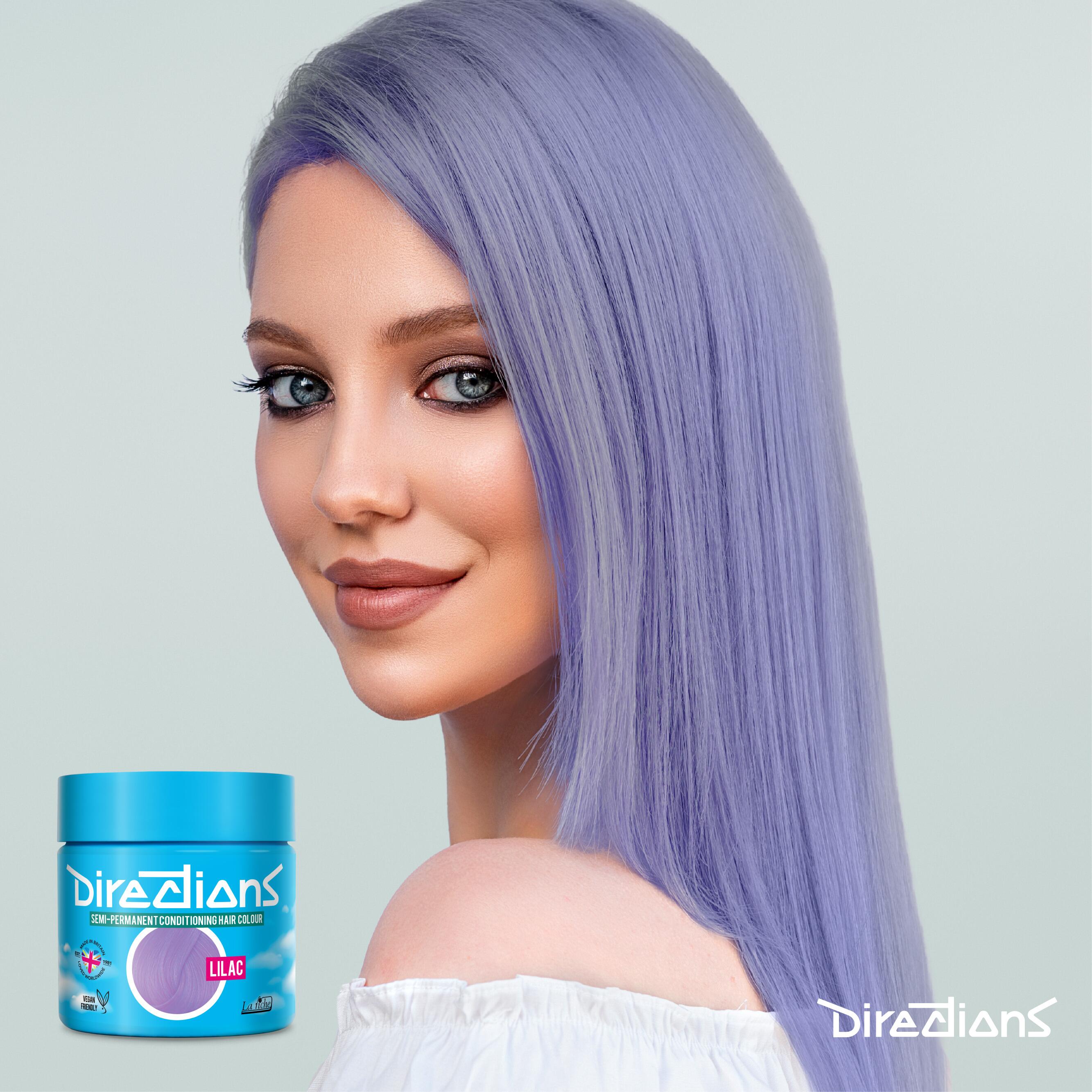 Lilac directions hair dye colour on a model with long hair