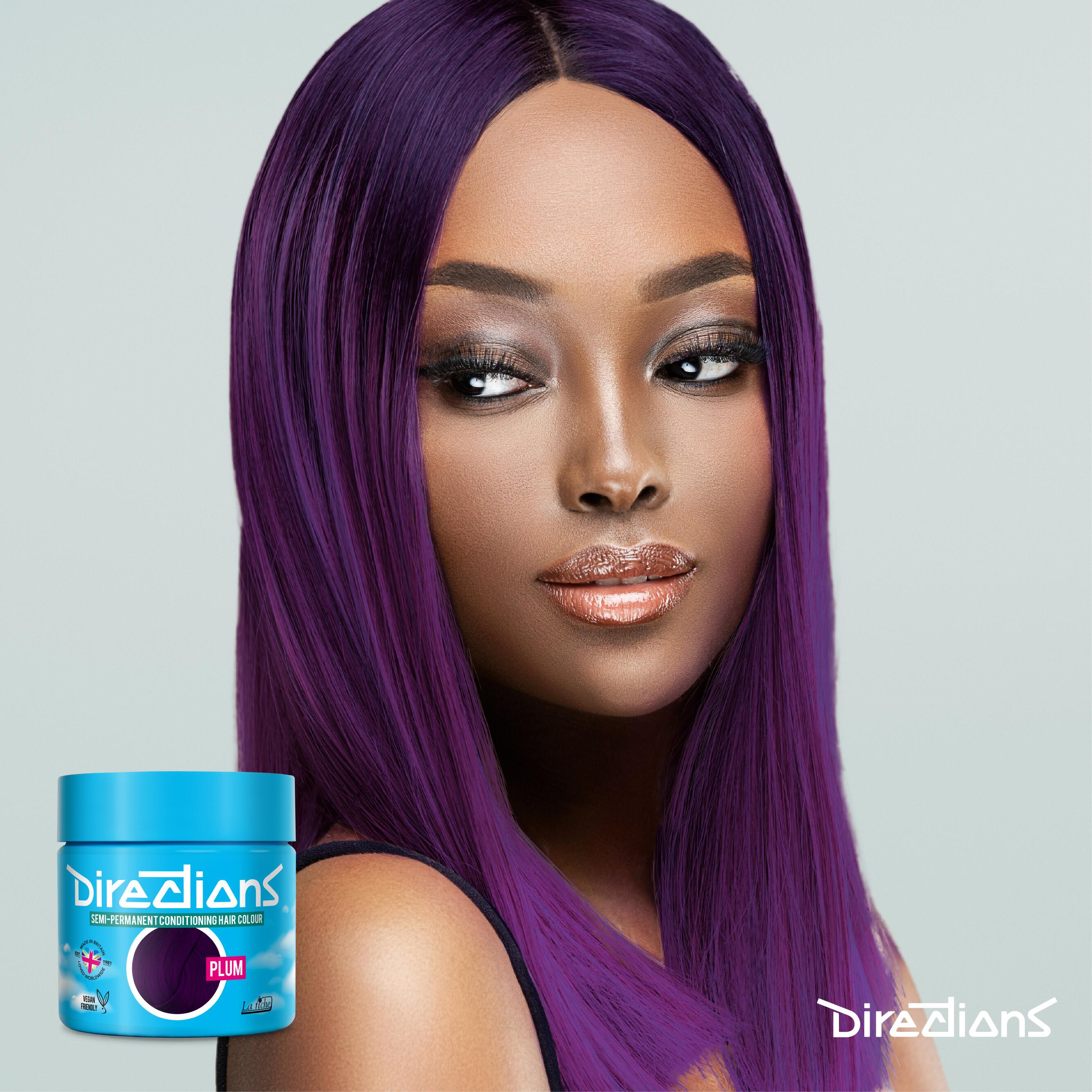 Plum directions hair dye colour on a model with long hair