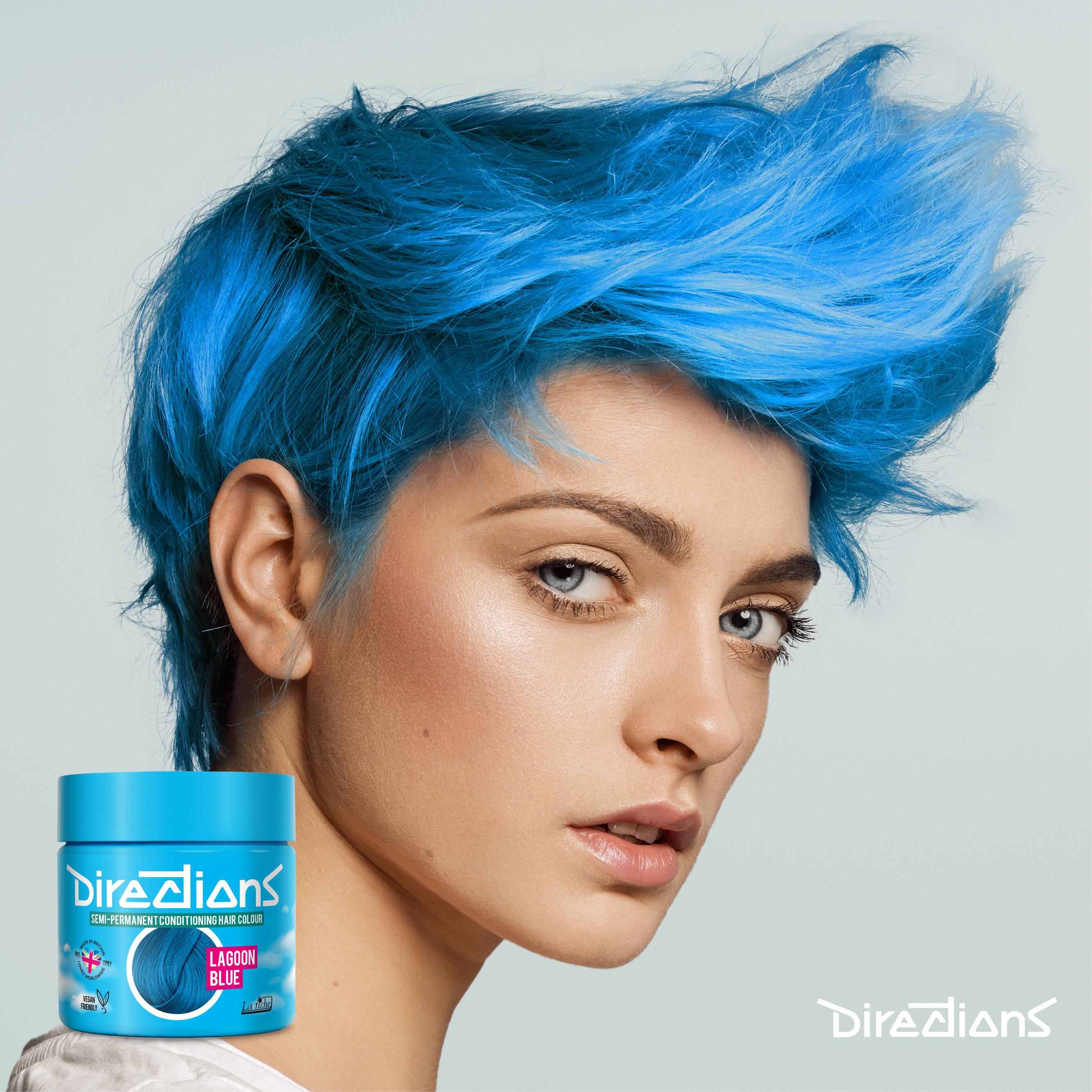 Lagoon blue directions hair dye colour on a model with long hair