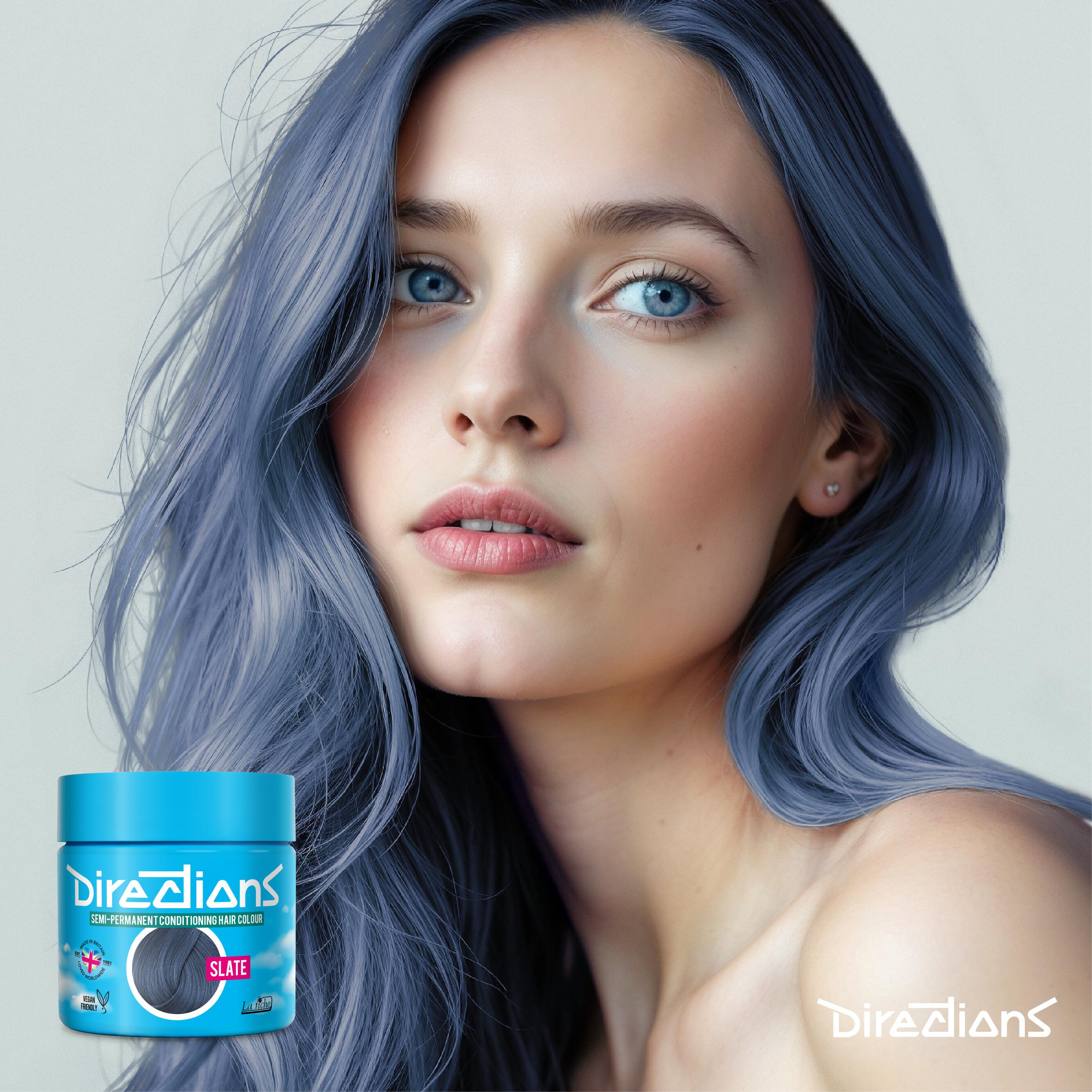 Slate directions hair dye colour on a model with long hair