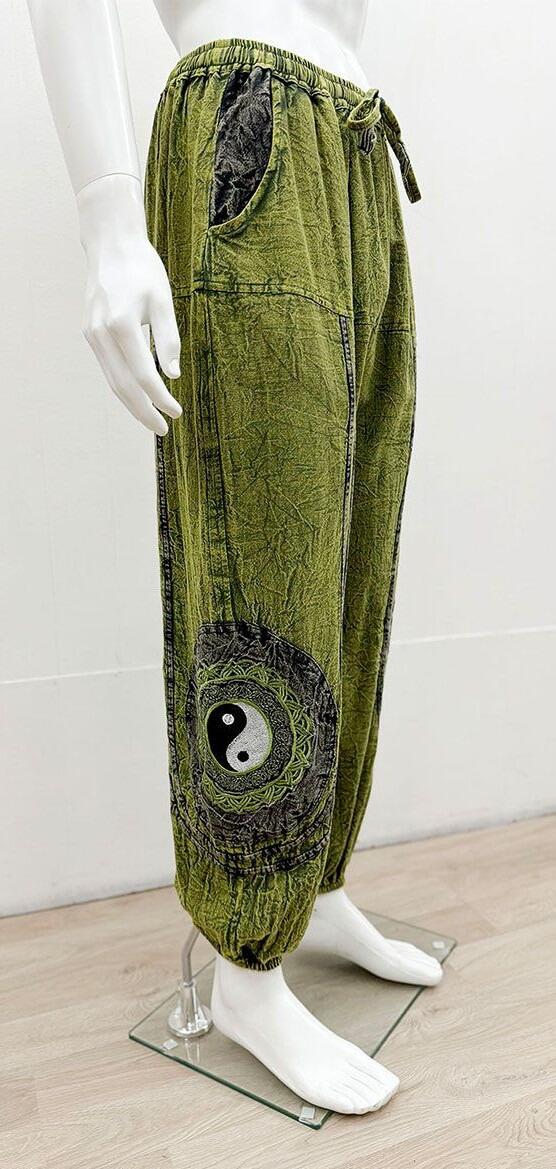 Unisex Acid Wash Trousers, green colour with ying yang embroidered design