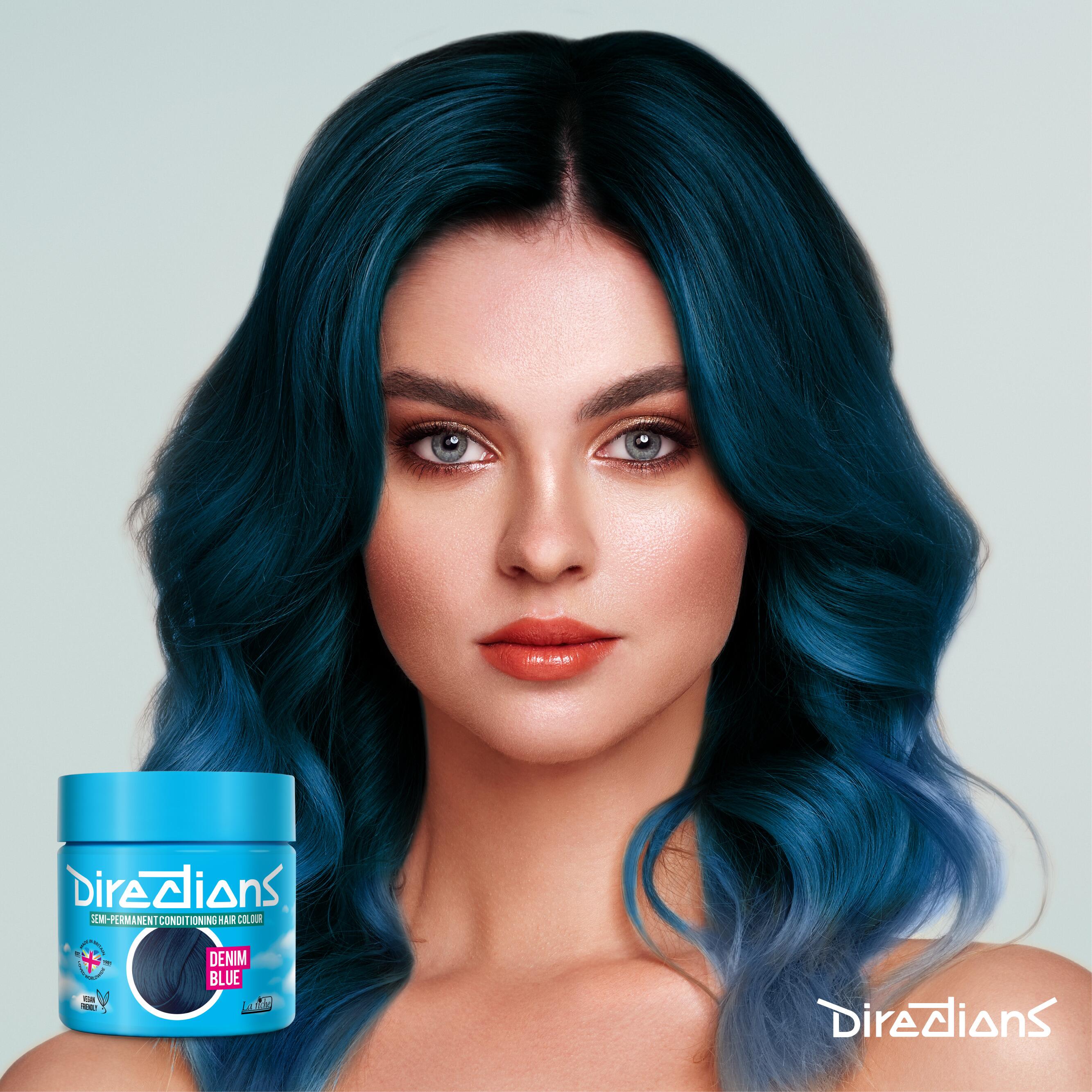 Denim blue directions hair dye colour on a model with long hair