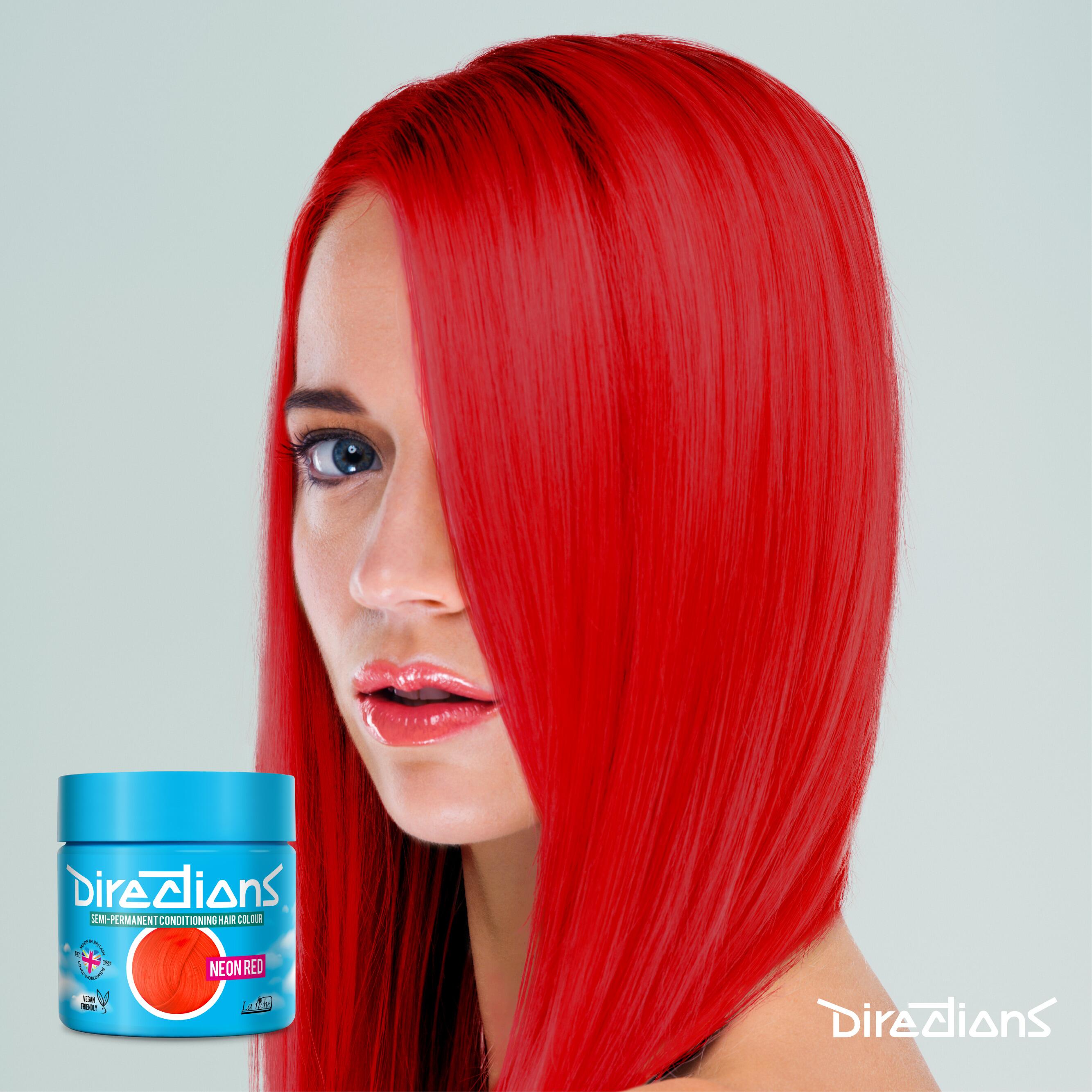 Neon Red directions hair dye colour on a model with long hair