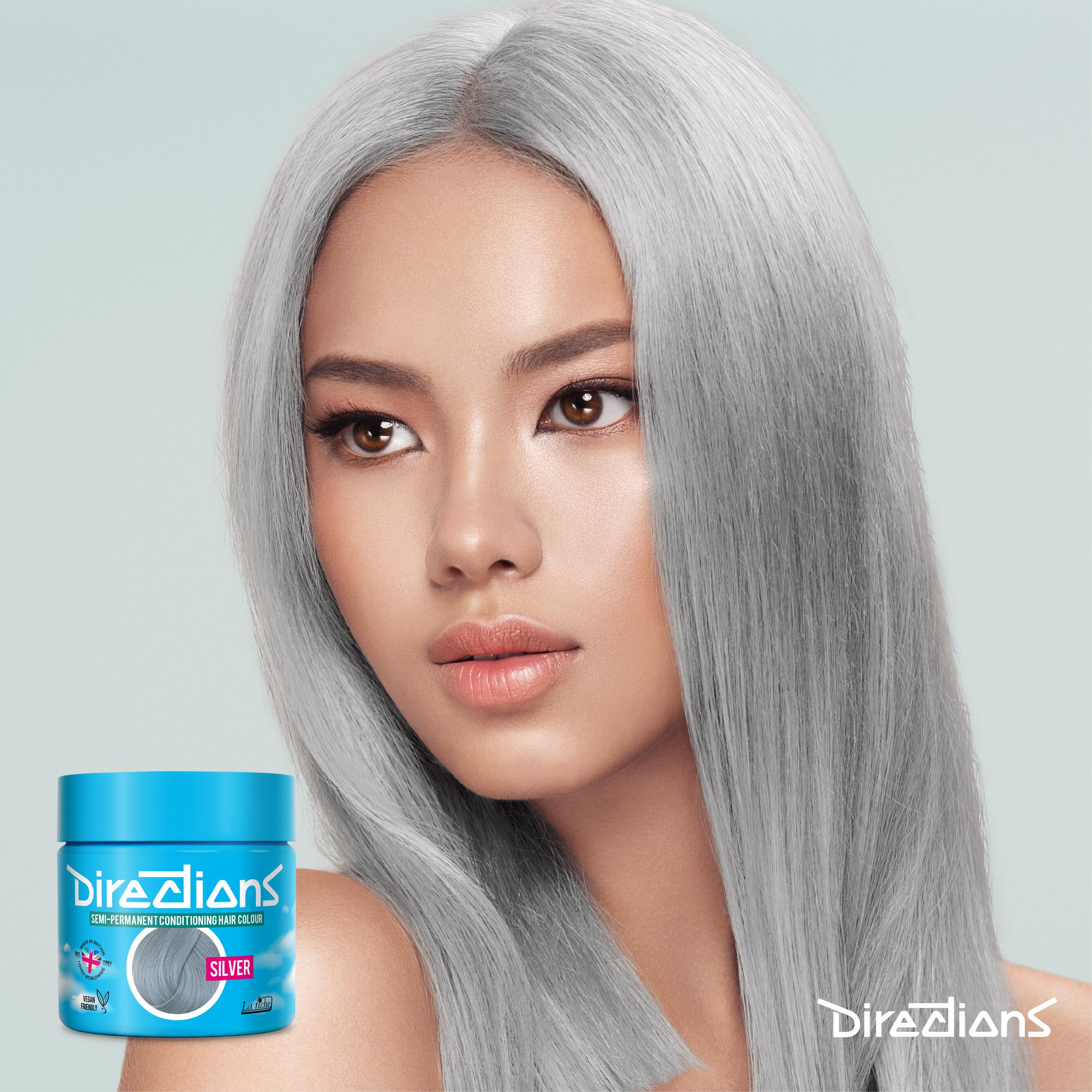 Silver directions hair dye colour on a model with long hair