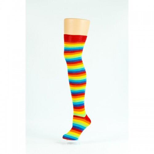 Multi coloured over knee sock on a display leg