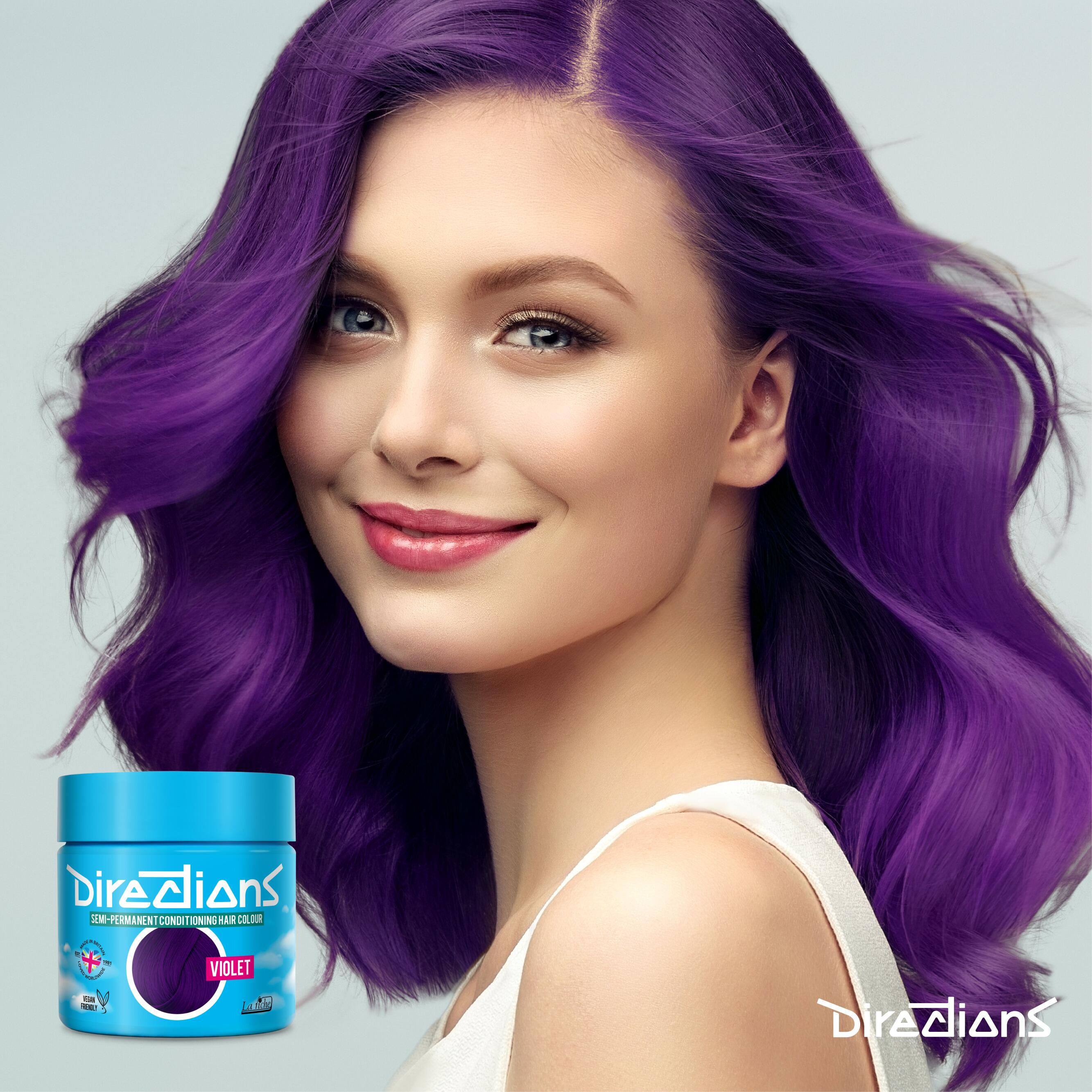 Violet directions hair dye colour on a model with long hair