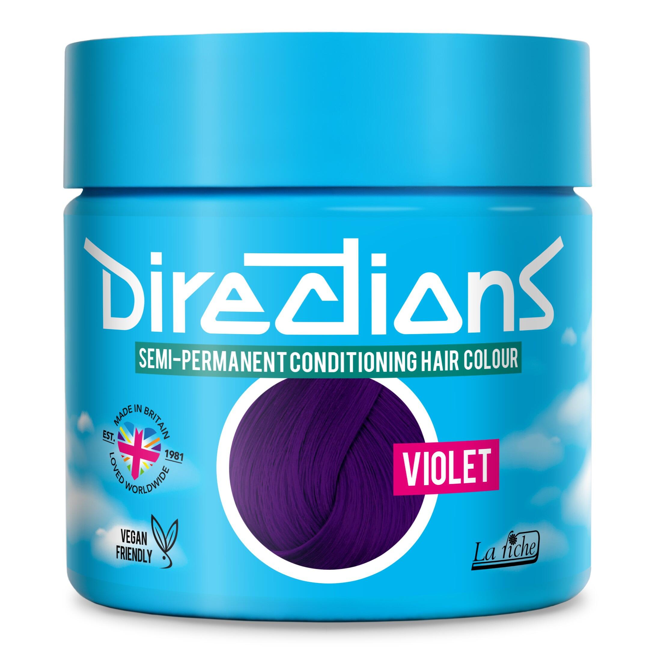 Picture of new directions hair dye pot on white background. Screw top pot with violet directions colour inside
