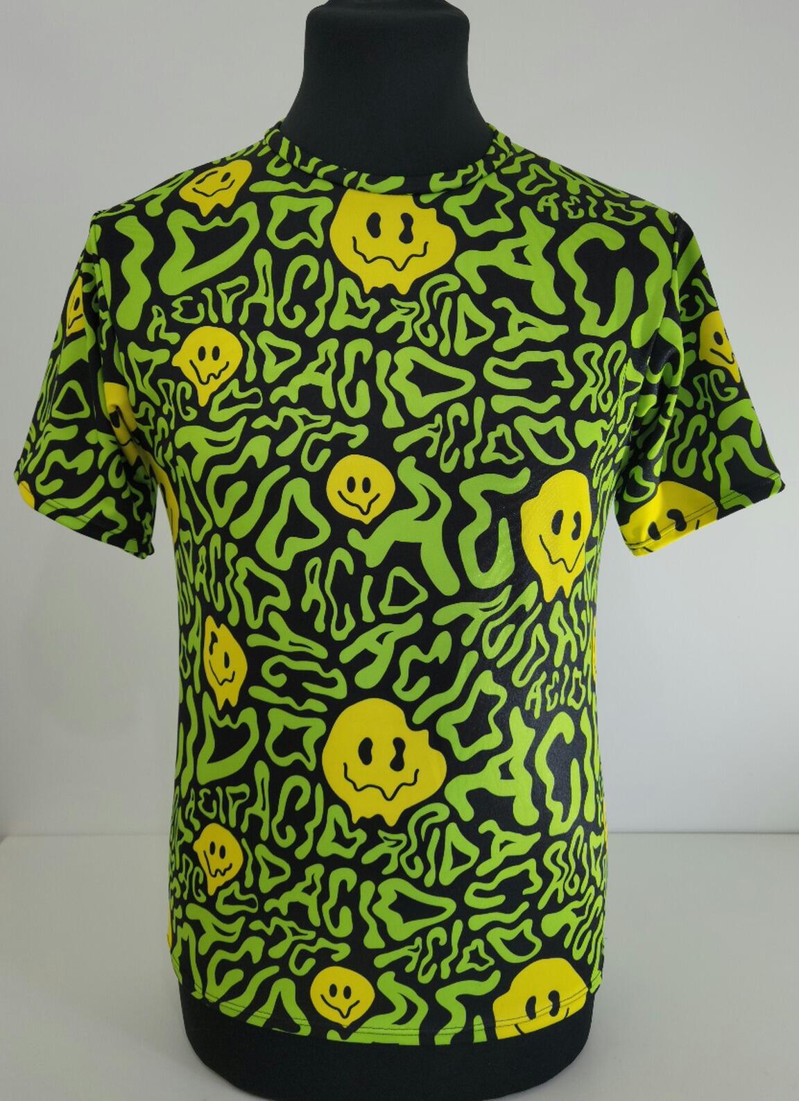 Mens handmade t-shirt, yellow and green print with smiley faces and acid writing