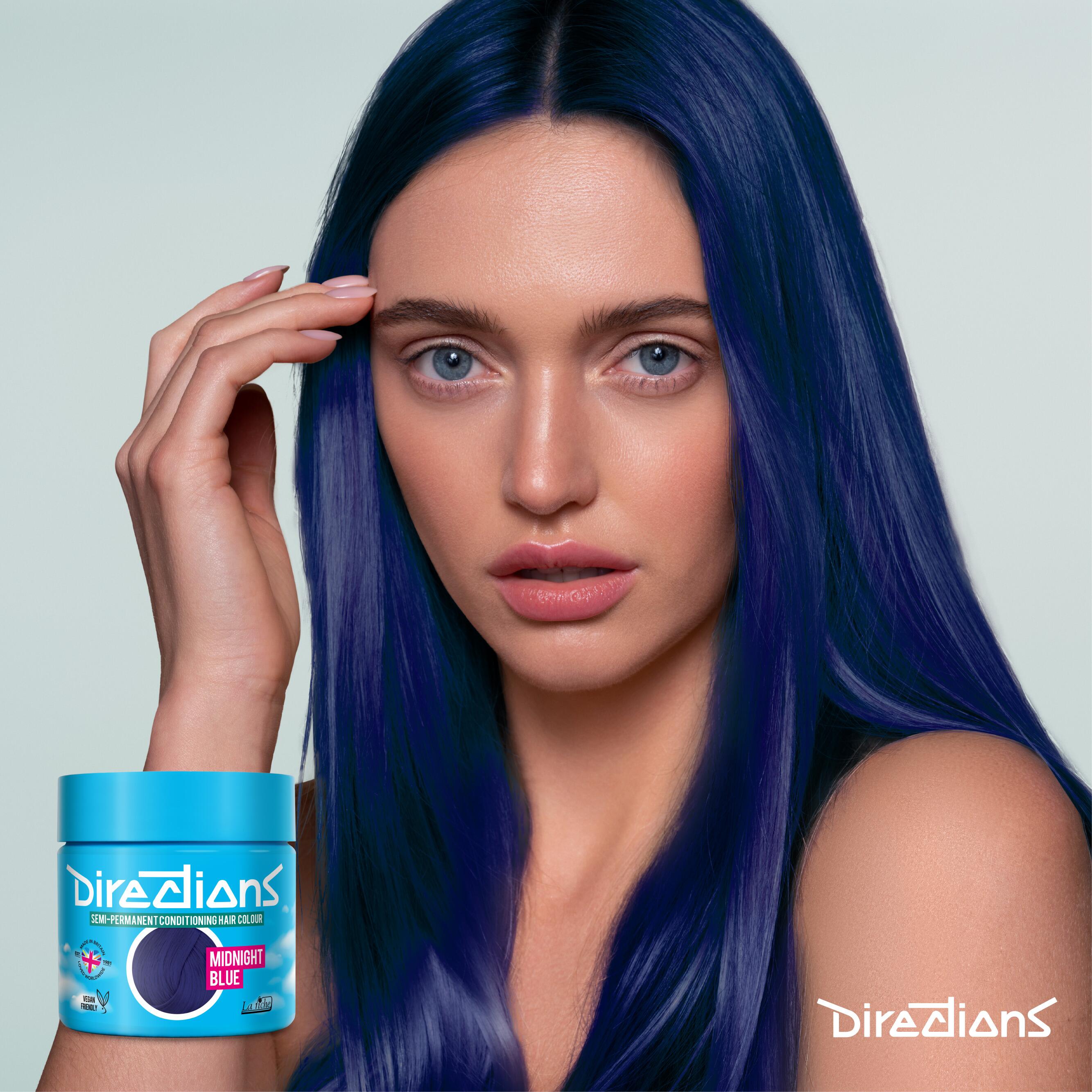 Midnight blue directions hair dye colour on a model with long hair