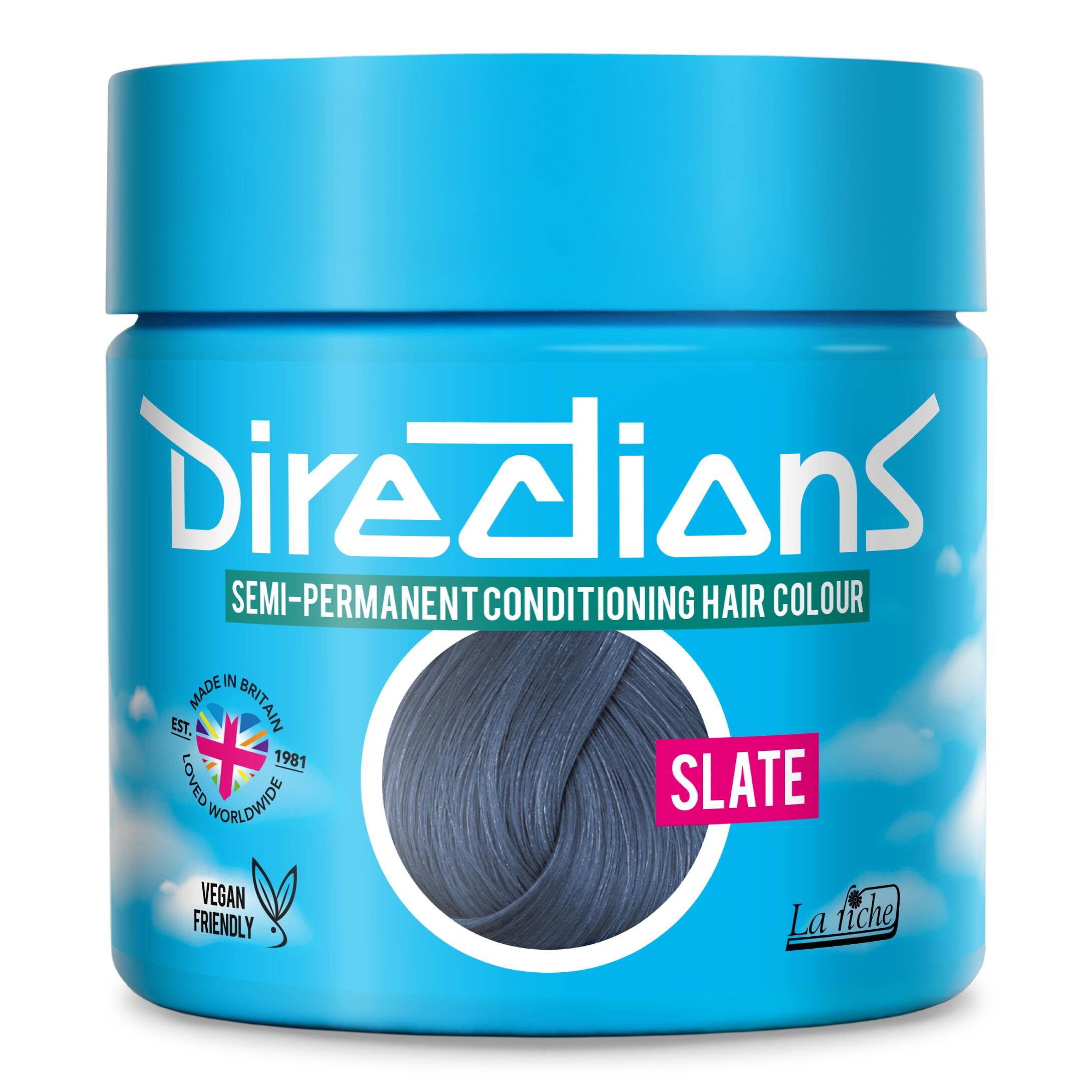 Picture of new directions hair dye pot on white background. Screw top pot with slate directions colour inside