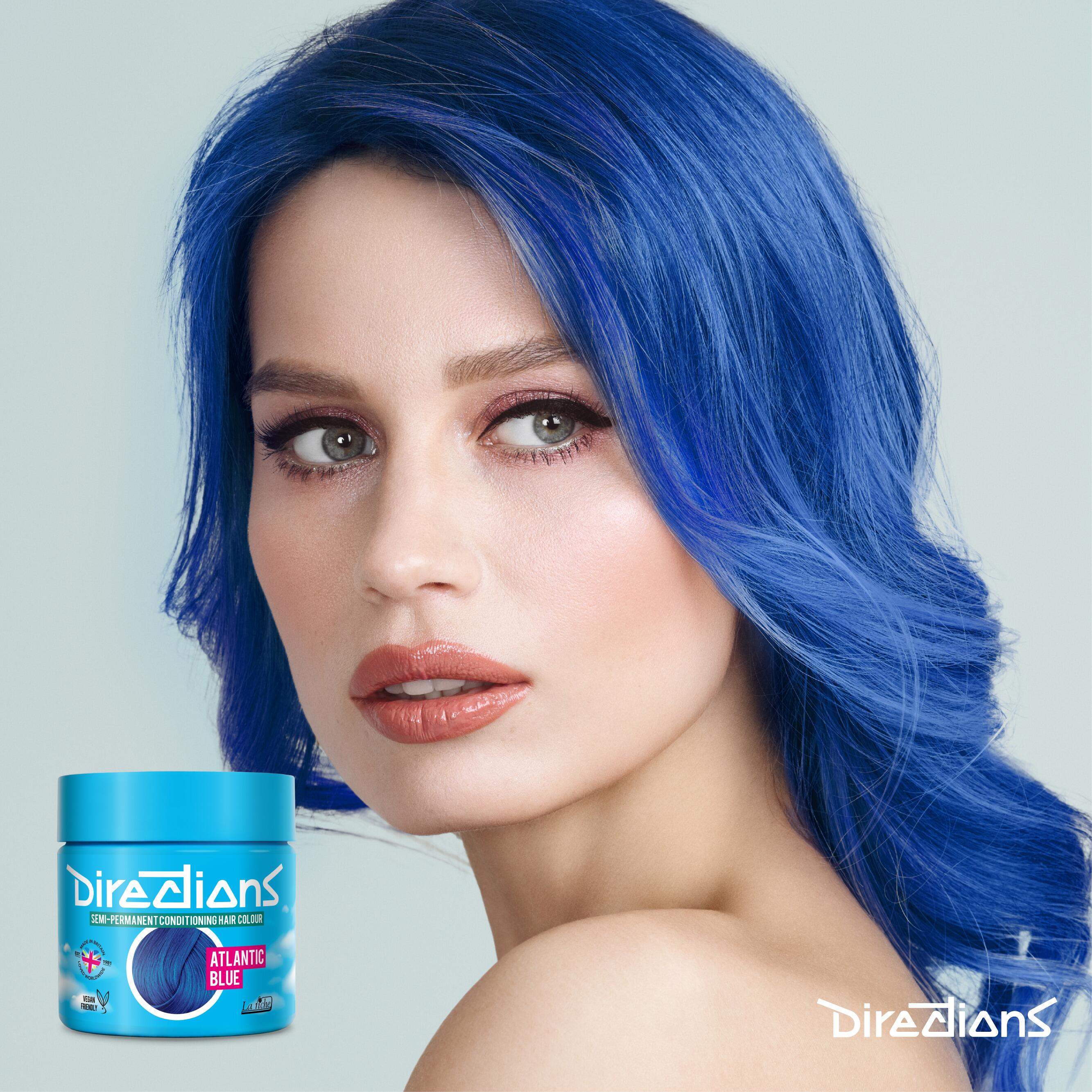 Atlantic blue directions hair dye colour on a model with long hair