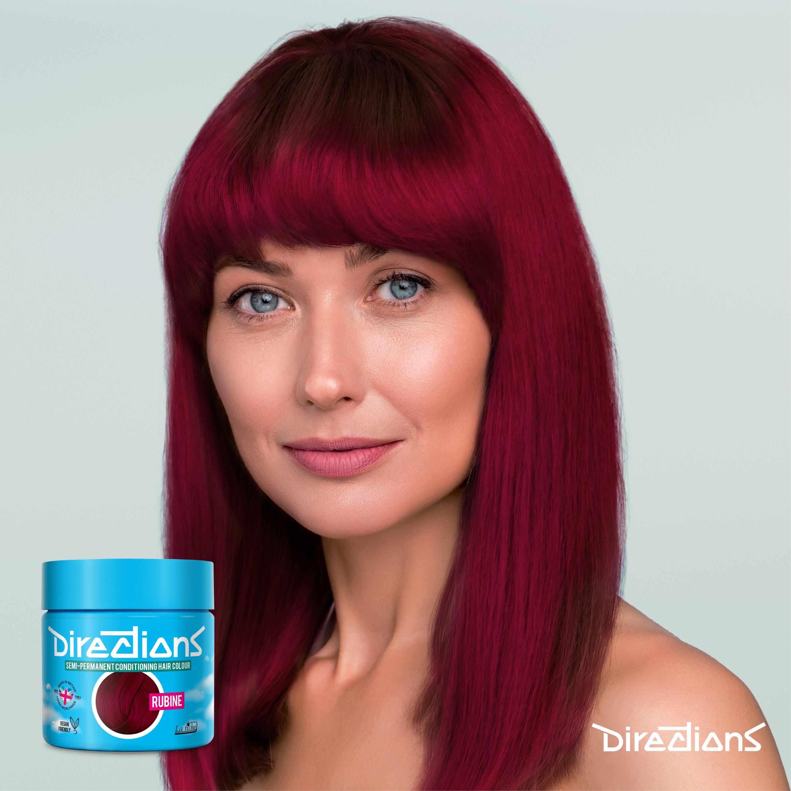 Rubine directions hair dye colour on a model with long hair
