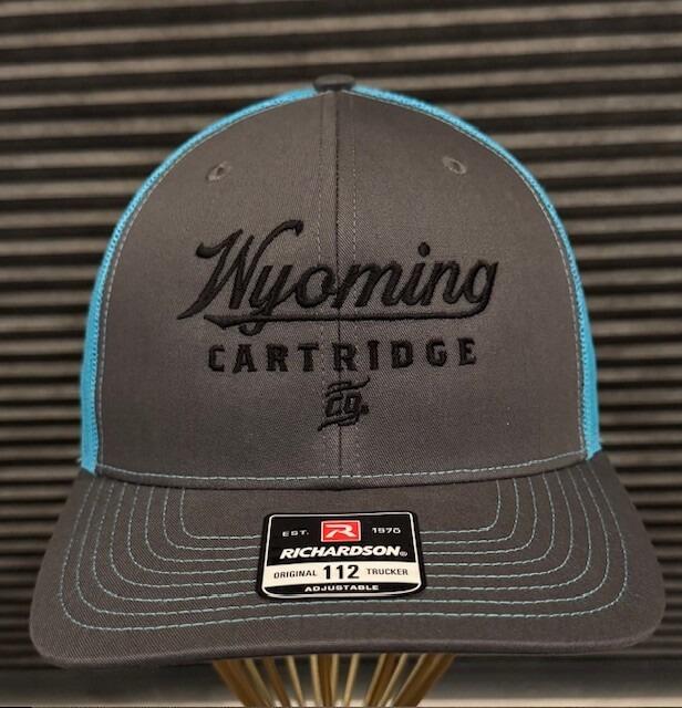 charcoal color panel hat and bill with Wyoming Cartridge Company logo centered on front panel