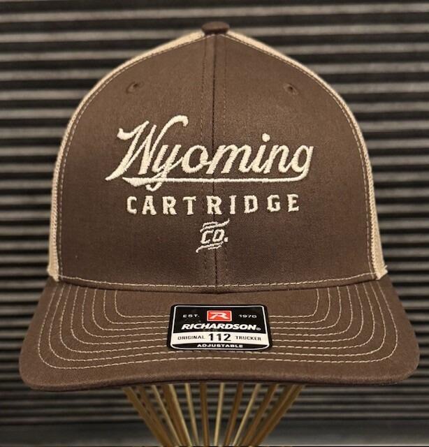 brown front panel and bill of hat with Wyoming Cartridge Company logo centered on panel