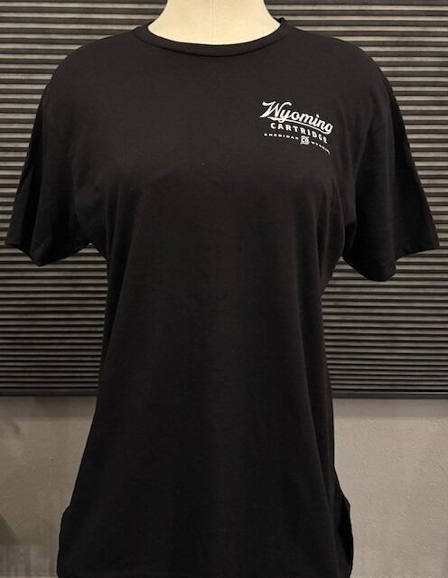 front of black t-shirt with Wyoming Cartridge Co logo on the upper left side