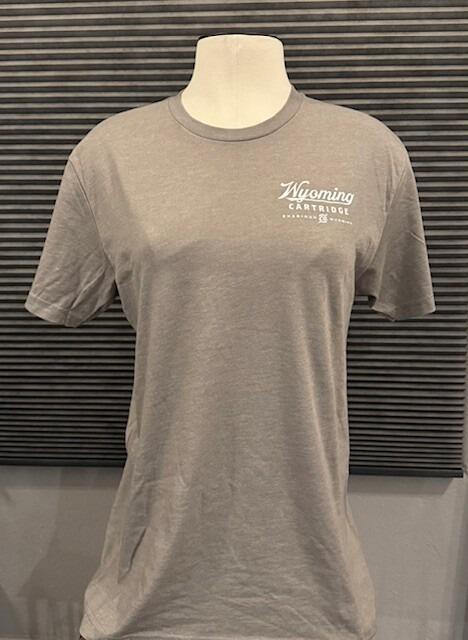 front of gray t-shirt with Wyoming Cartridge Co logo on the upper left side