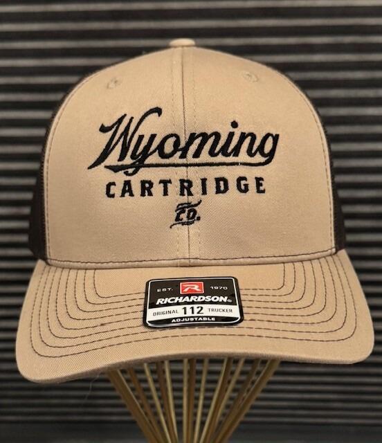 light brown front panel and bill of hat with Wyoming Cartridge Company logo centered on front panel