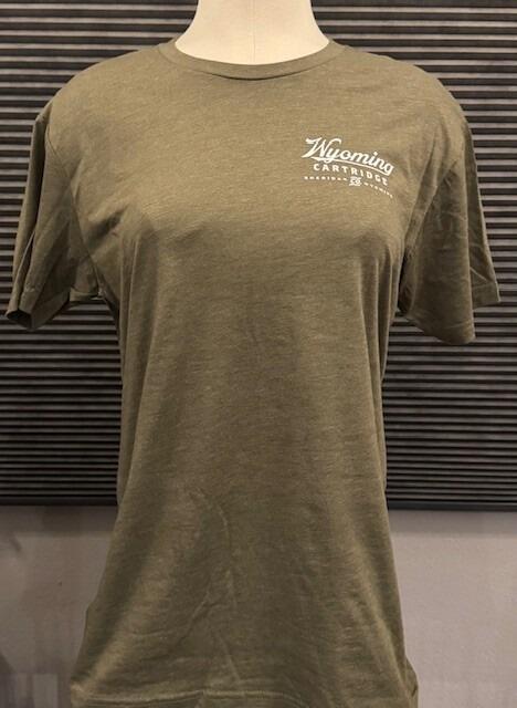 front of army green t-shirt with Wyoming Cartridge Co logo on the upper left side