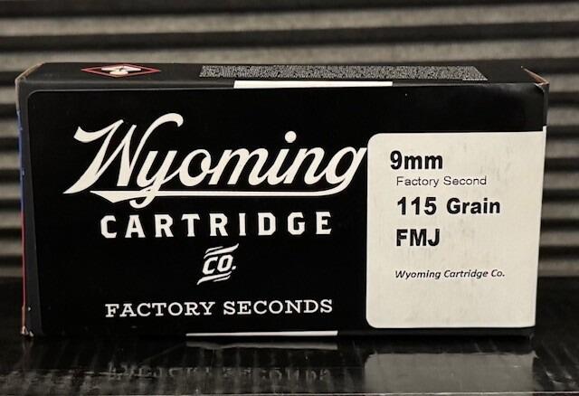 front of box Wyoming Cartridge Company logo with factory seconds 9mm 115 grain FMJ