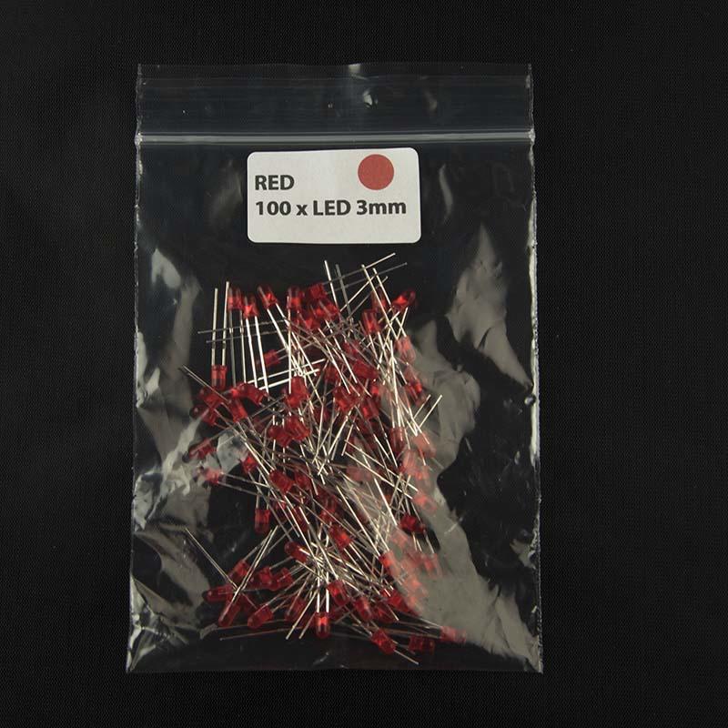 Pack of quantity 100 size 3mm LED with diffused lens and color red