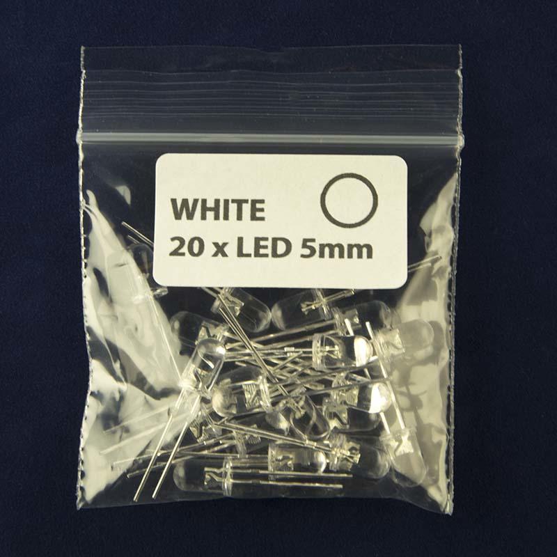 Pack of quantity 20 LED size 5mm with clear lens and color white