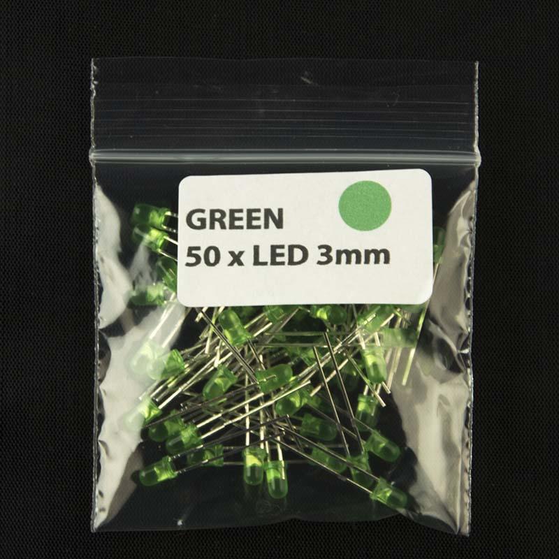 Pack of quantity 50 size 3mm LED with diffused lens and green color