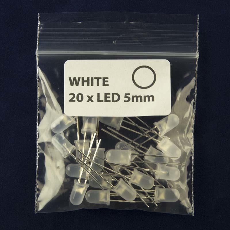Pack of quantity 20 LED size 5mm with diffused lens and color white