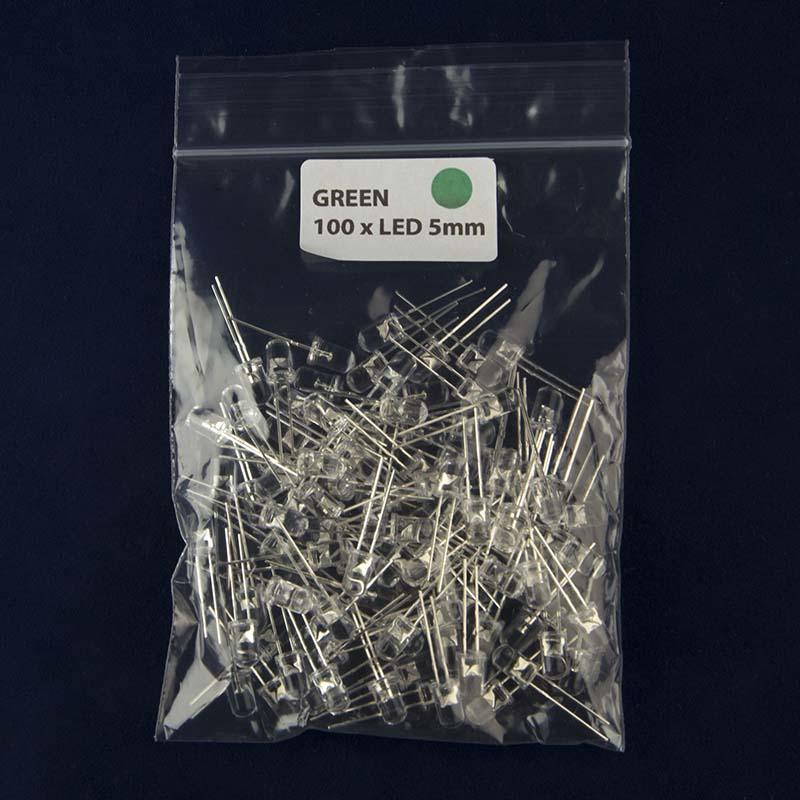 Pack of 100 LED size 5mm with clear lens and color green