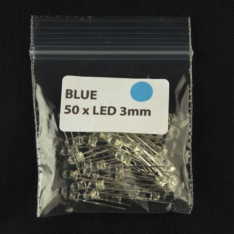 Pack of quantity 50 size 3mm LED with clear lens and blue color