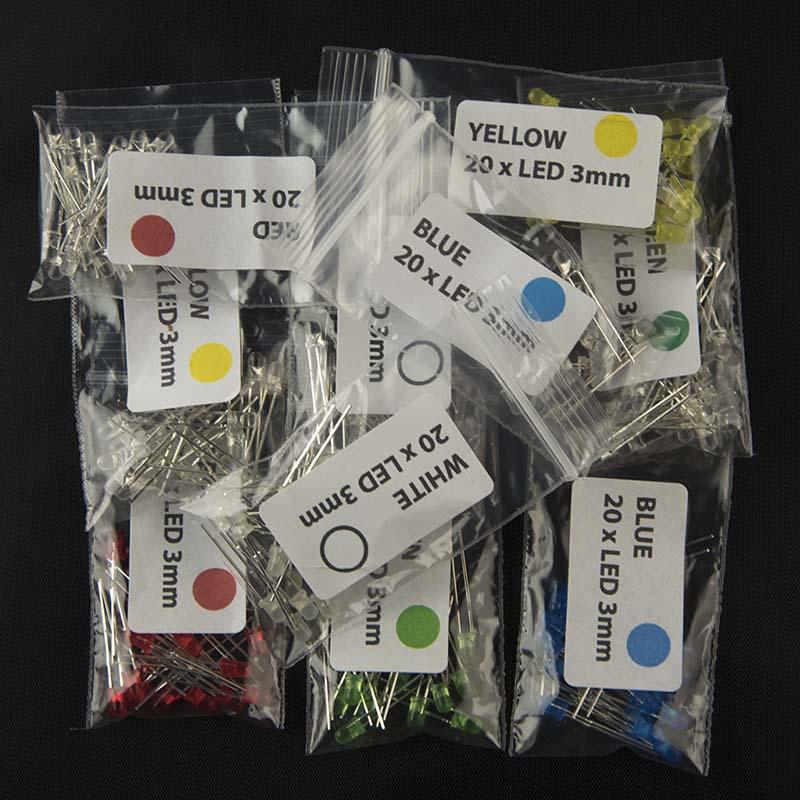 Packs of 20 3mm LEDs in Five Colors
