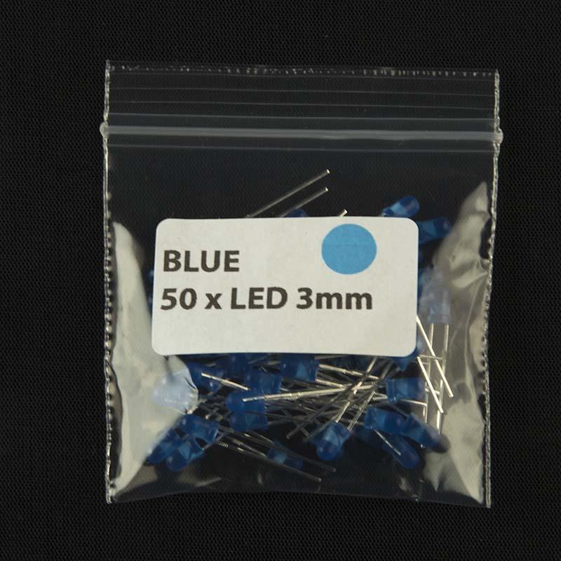 Pack of quantity 50 size 3mm LED with diffused lens and blue color