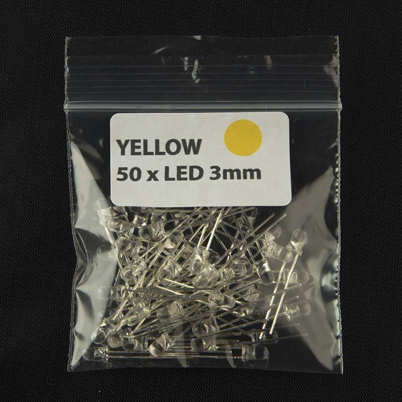 Pack of quantity 50 size 3mm LED with clear lens and yellow color