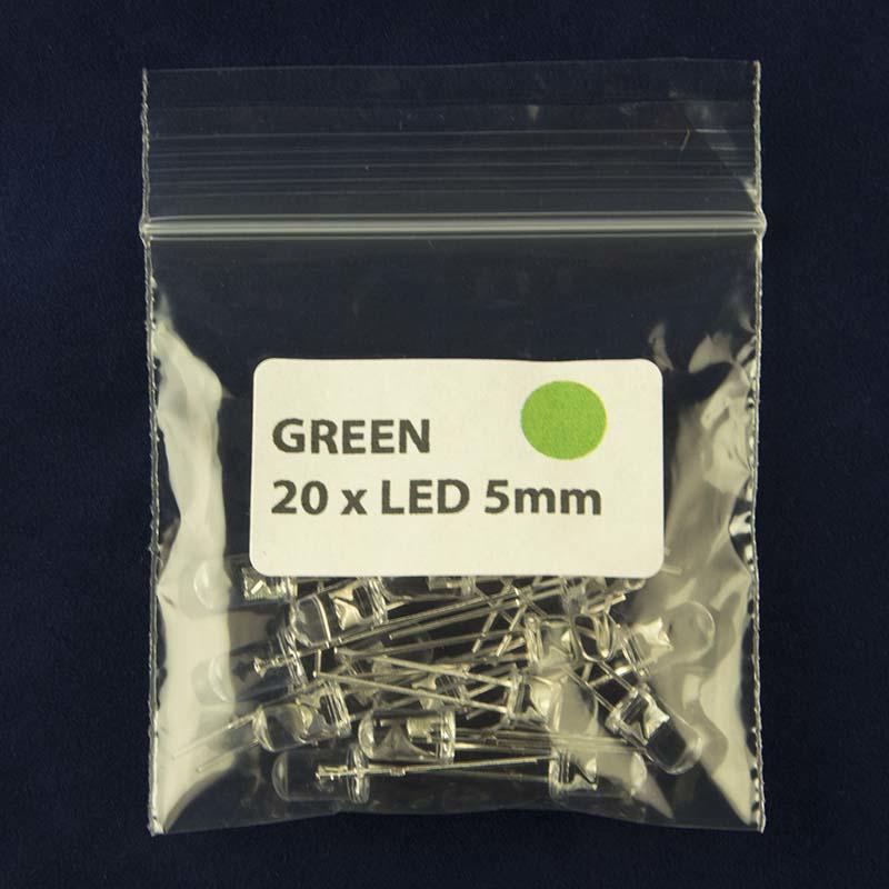 Pack of quantity 20 LED size 5mm with clear lens and color green