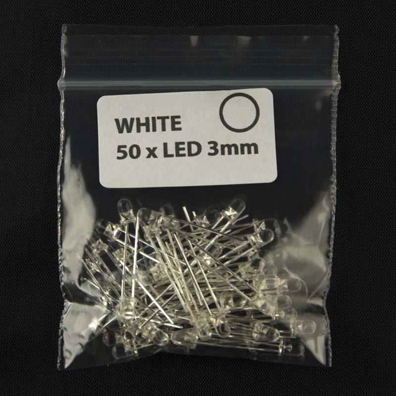 Pack of quantity 50 size 3mm LED with clear lens and white color