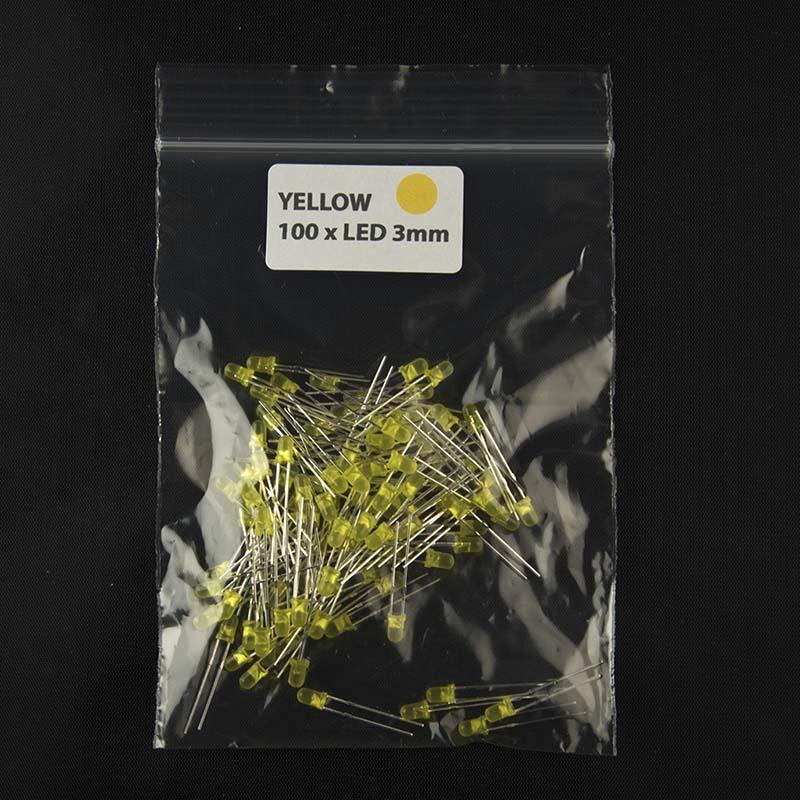 Pack of quantity 100 size 3mm LED with diffused lens and color yellow