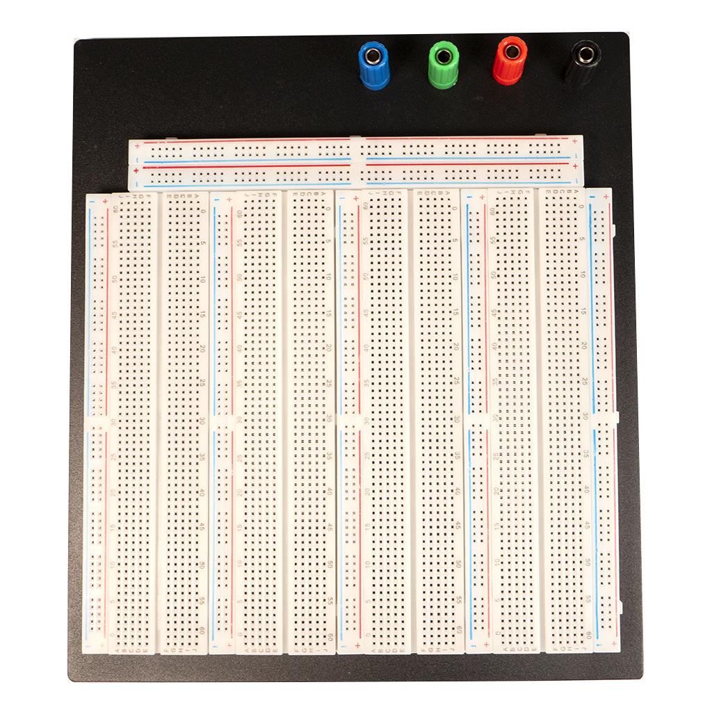 Large breadboard with four coloured connectors fitted, ready to use