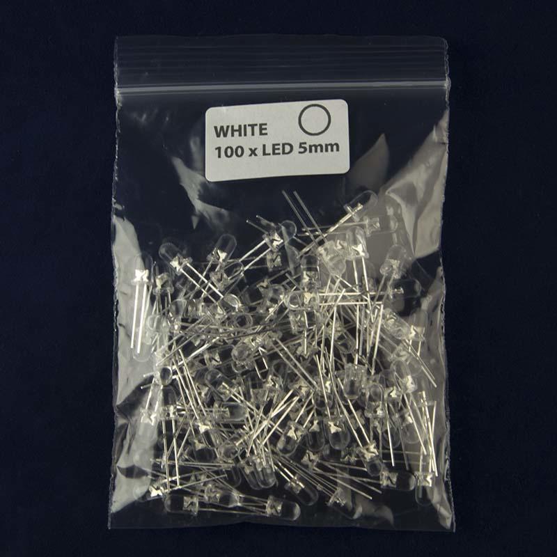 Pack of 100 LED size 5mm with clear lens and color white