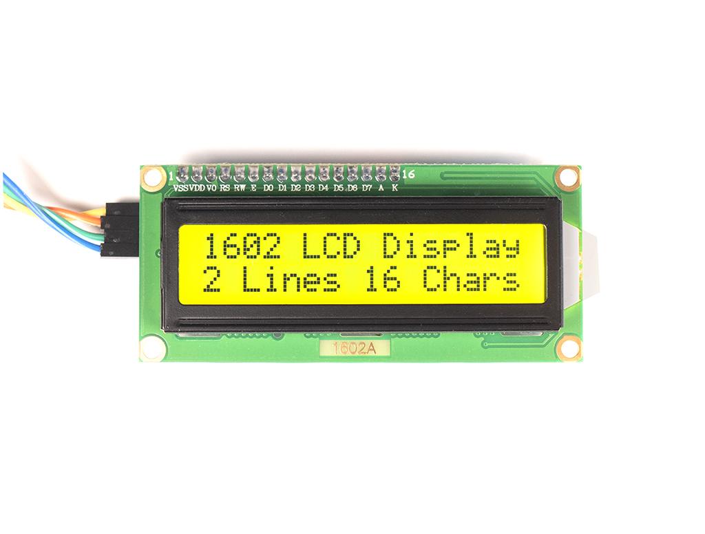 LCD Screen showing text on 2 lines and 16 characters with green background and black text