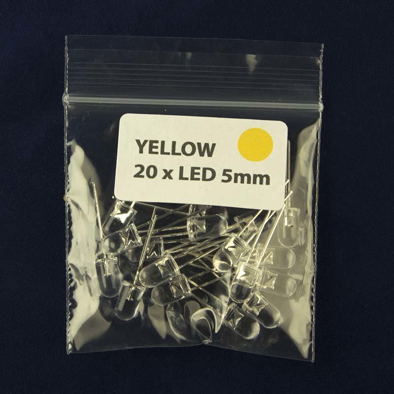 Pack of quantity 20 LED size 5mm with clear lens and color yellow