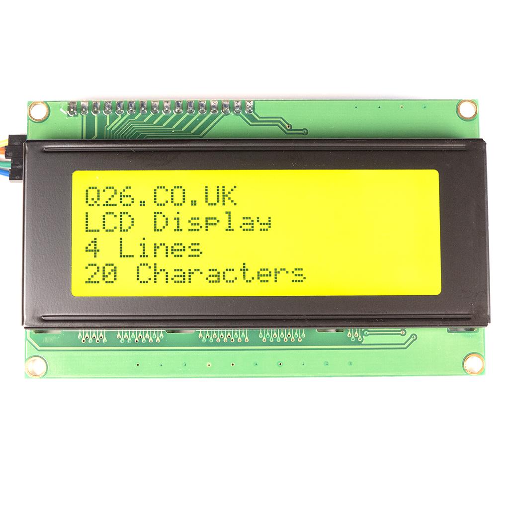 I2C Ready twenty zero four LCD screen, green background showing 4 lines of black characters, 20 per line