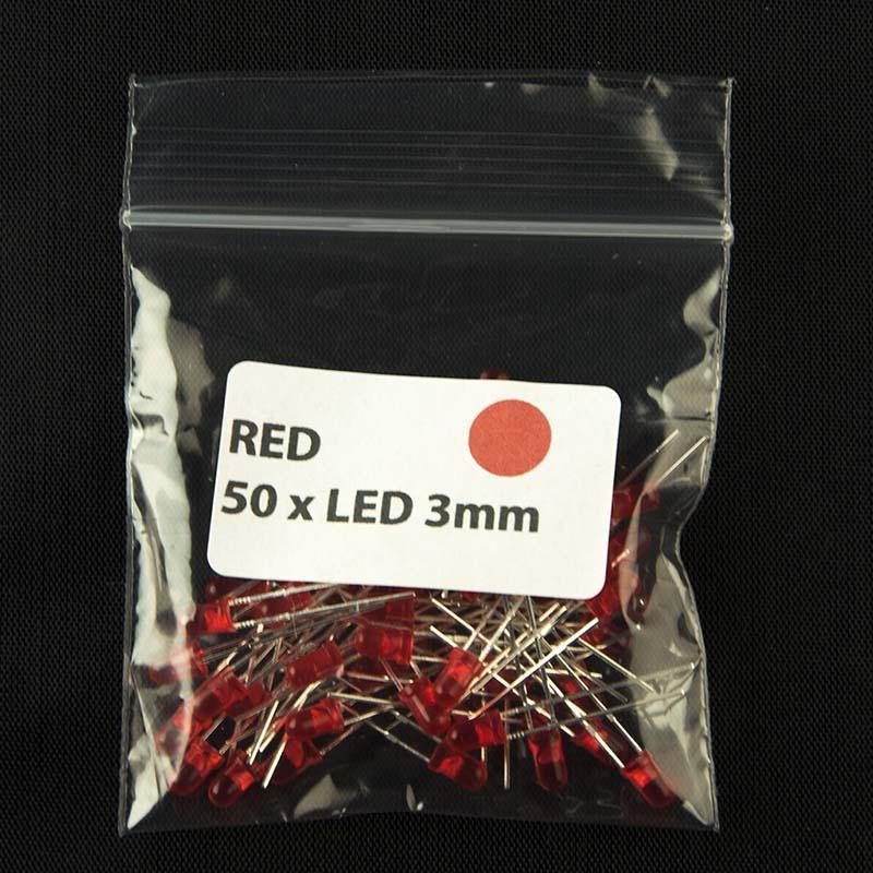 Pack of quantity 50 size 3mm LED with diffused lens and red color