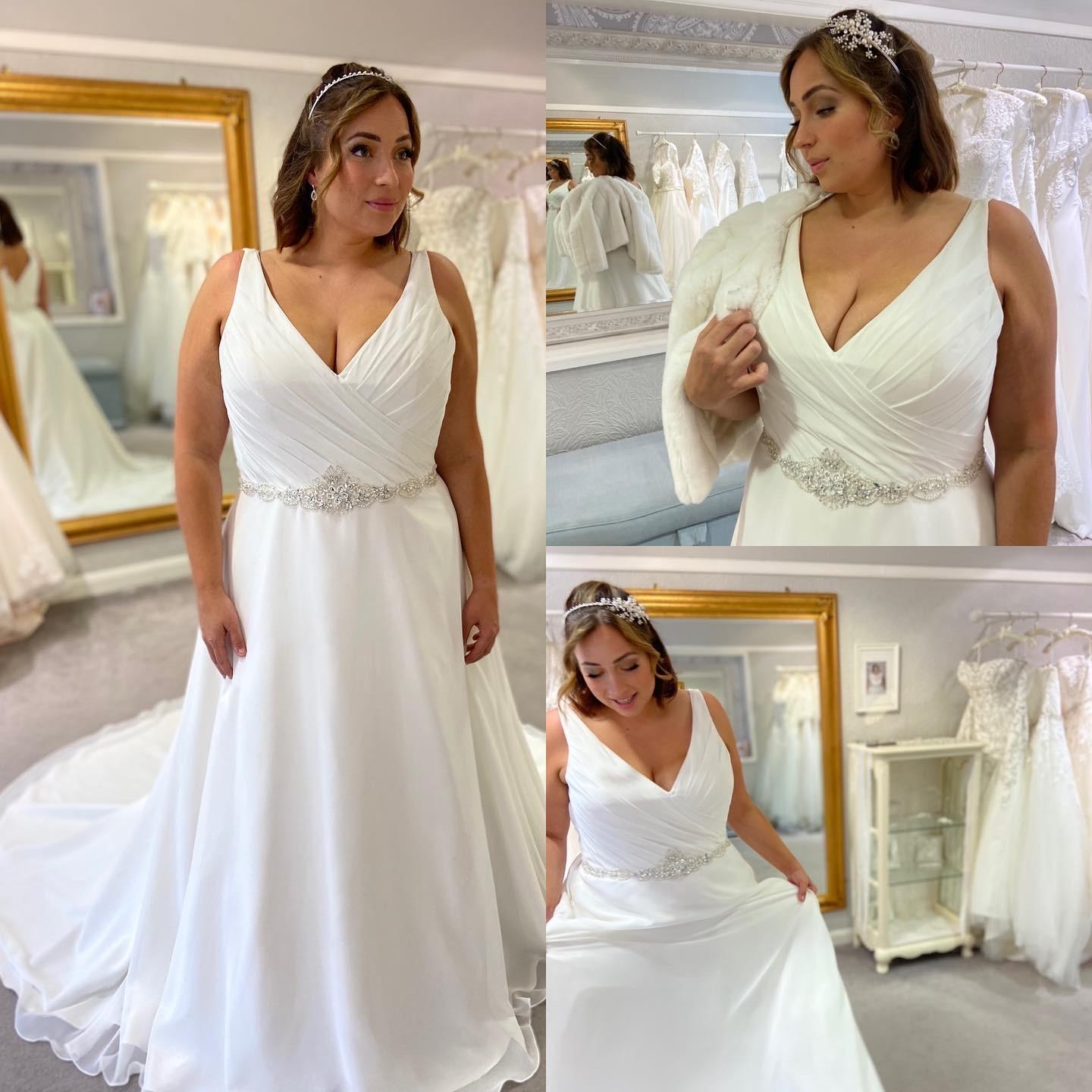 Plus size chiffon wedding dress with straps or sleeves and crystal sparkly  waist detail