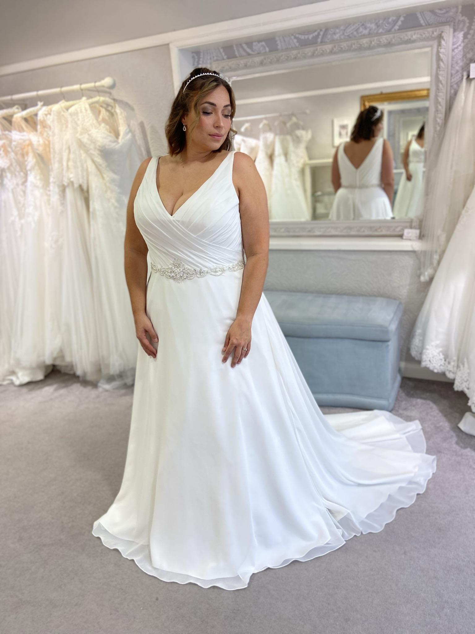 Plus size chiffon wedding dress with straps or sleeves and crystal sparkly  waist detail