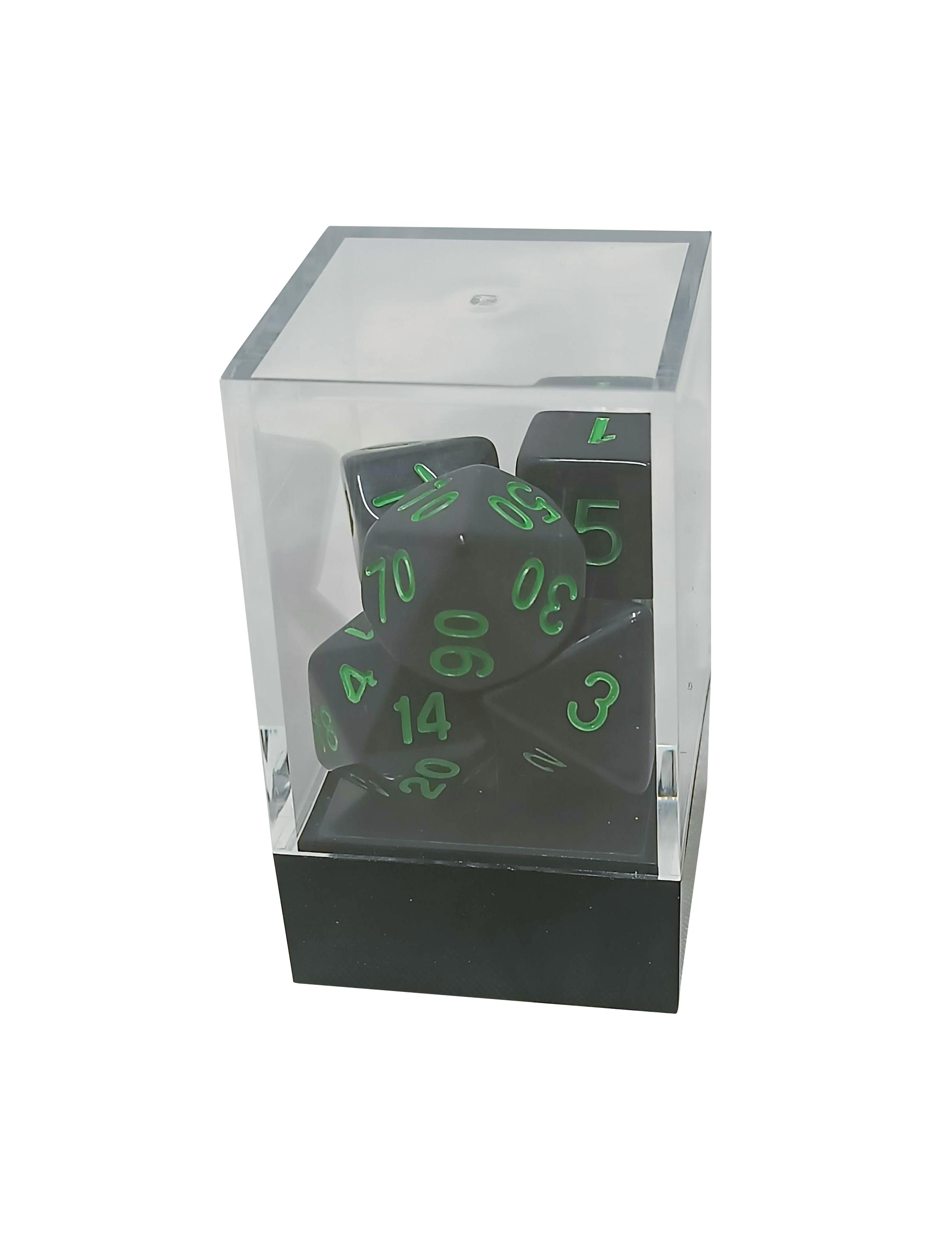 Black Opaque Polyhedral Dice Set with Green Numbers thumbnail