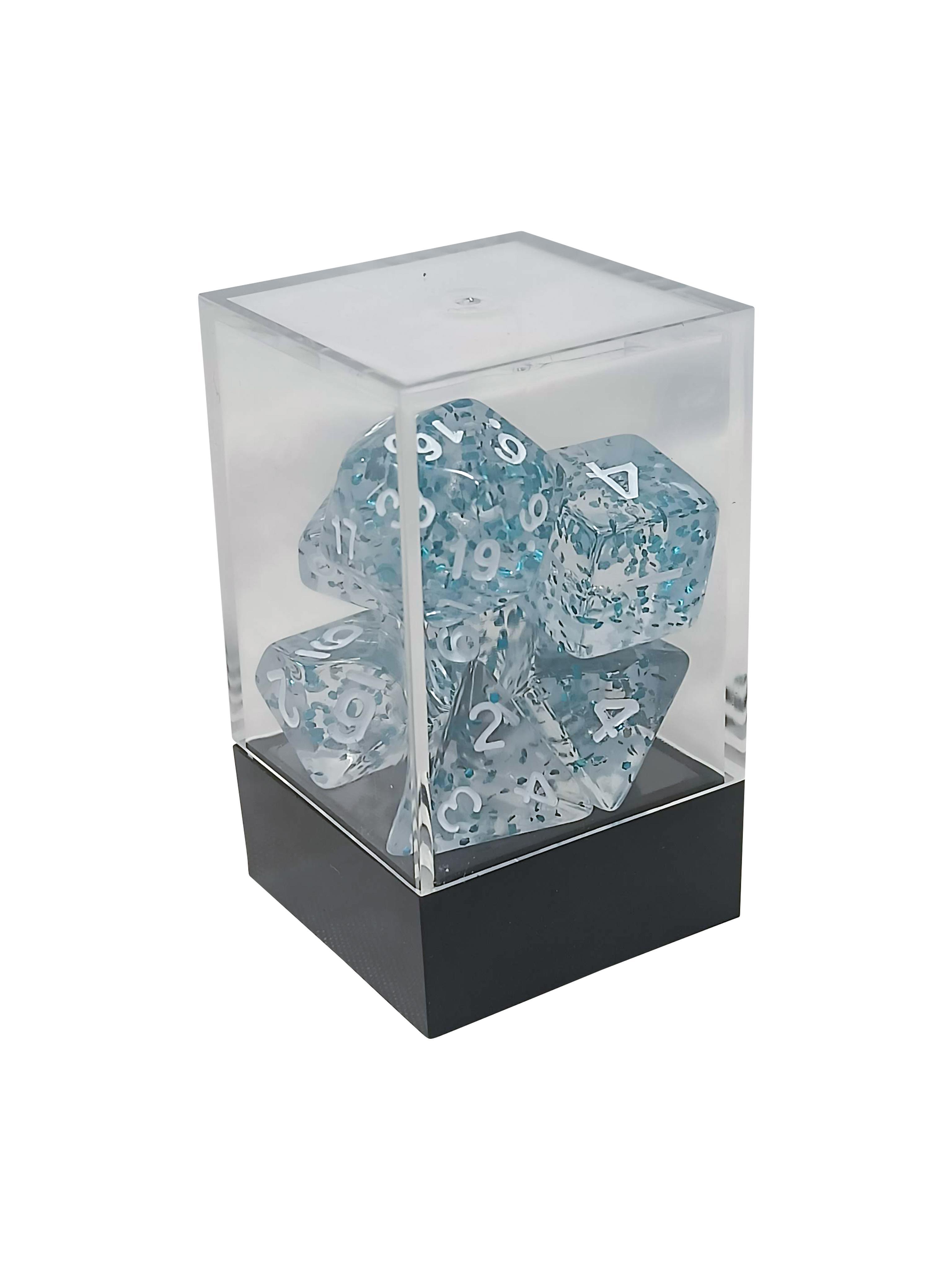 Transparent Speckled Blue Polyhedral Dice Set with White Numbers - Gifts for Geeks Leicester